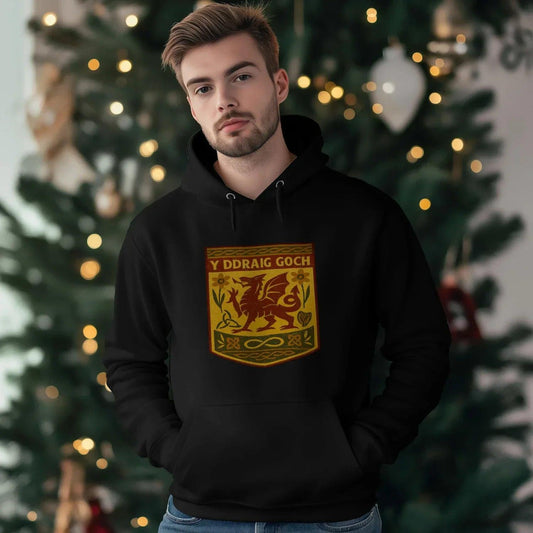 Welsh Dragon Hoodie - Gold Shield UK, Unisex Streetwear - Celtic Wolfwear