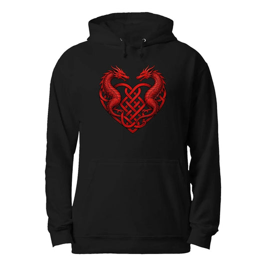 Welsh Dragon Hoodie - Red Heart Emblem Drawstring Unisex - Celtic Wolfwear