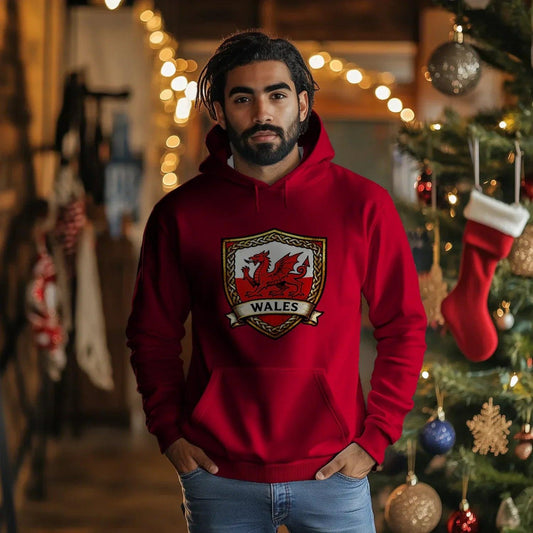 Welsh Dragon Shield Hoodie – Heritage Badge Pullover - Celtic Wolfwear