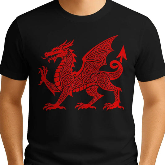 Welsh Dragon T-Shirt - Red Knotwork Crest Unisex Streetwear - Celtic Wolfwear