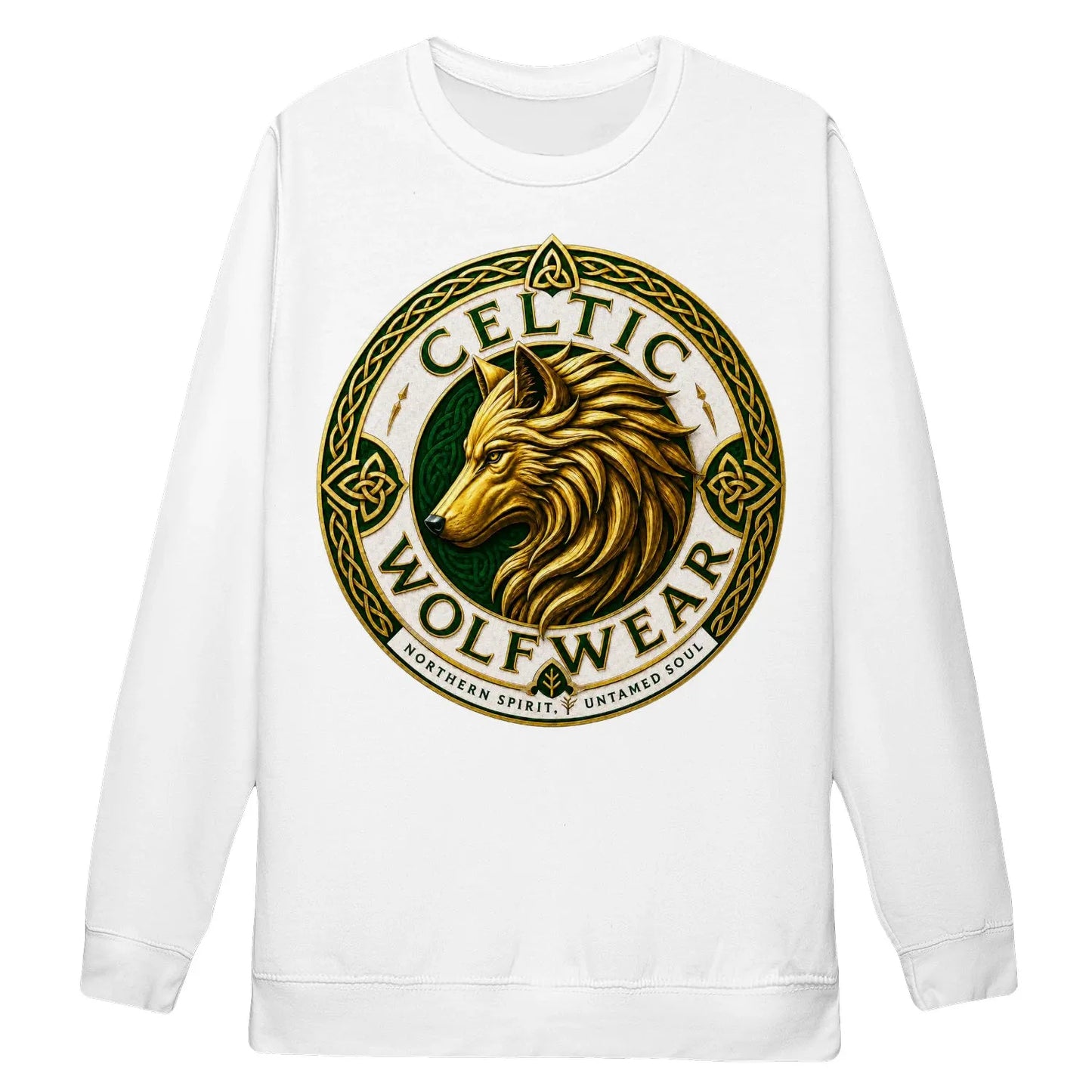 Light-colored long-sleeve sweatshirt with Celtic wolf crest logo graphic on chest