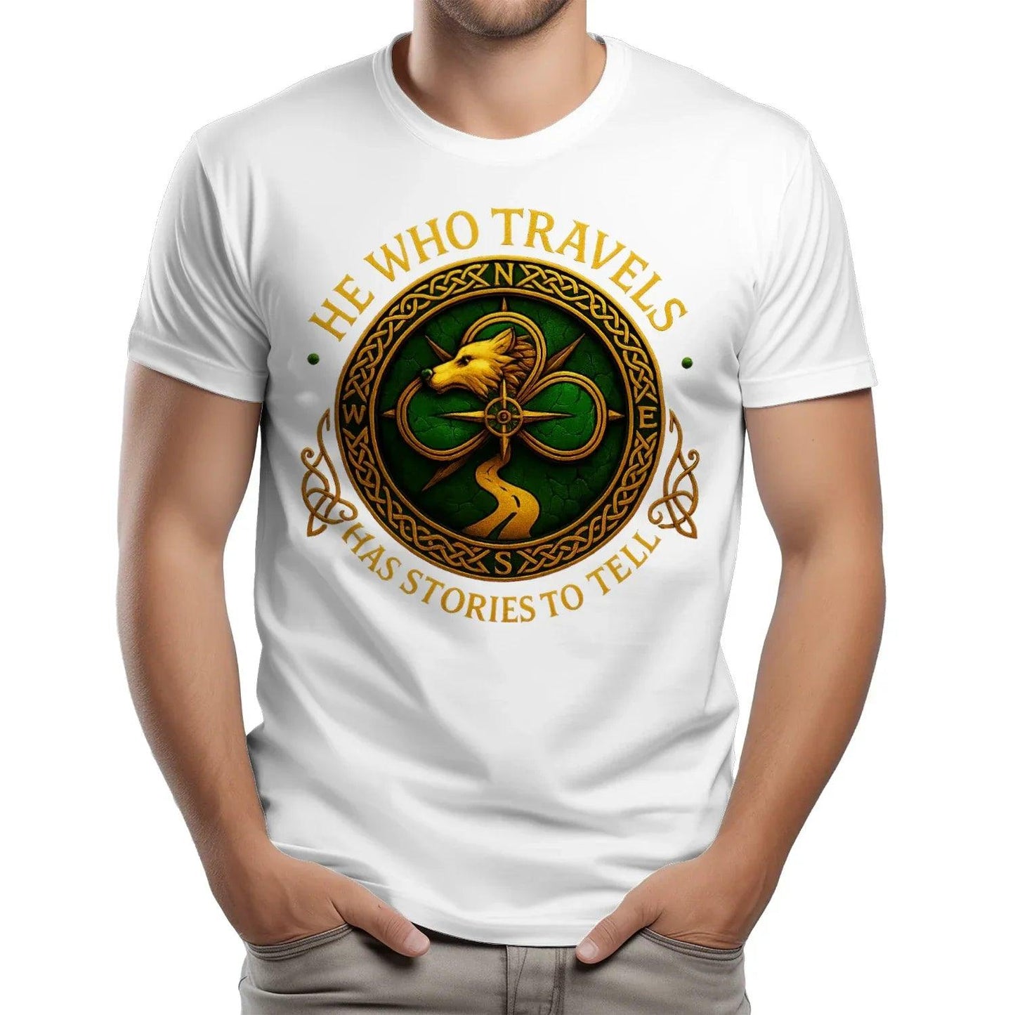 He Who Travels Has Stories To Tell Irish T Shirts for Adults - Unisex Heavy Cotton T-shirt - Celtic Wolfwear