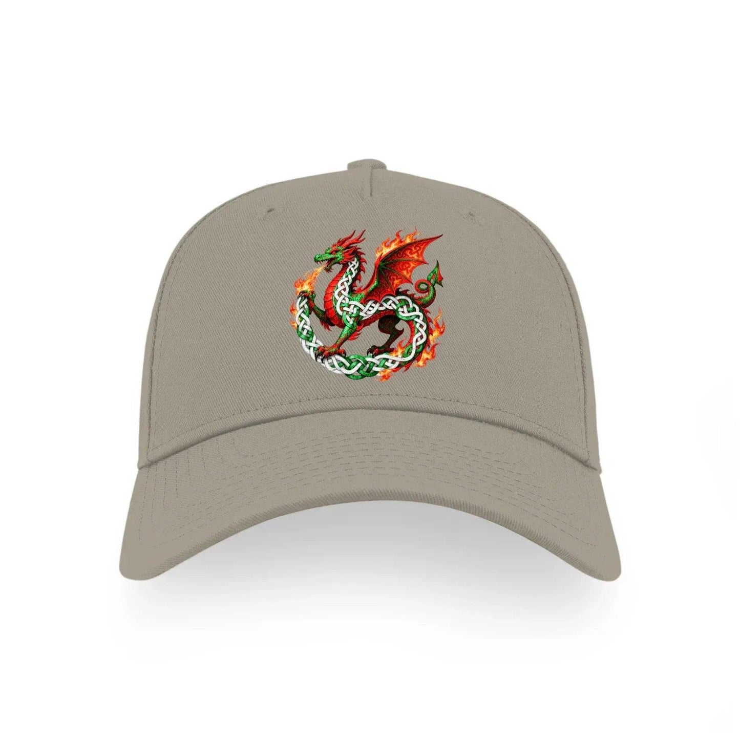 Light grey baseball cap with embroidered dragon graphic, front view