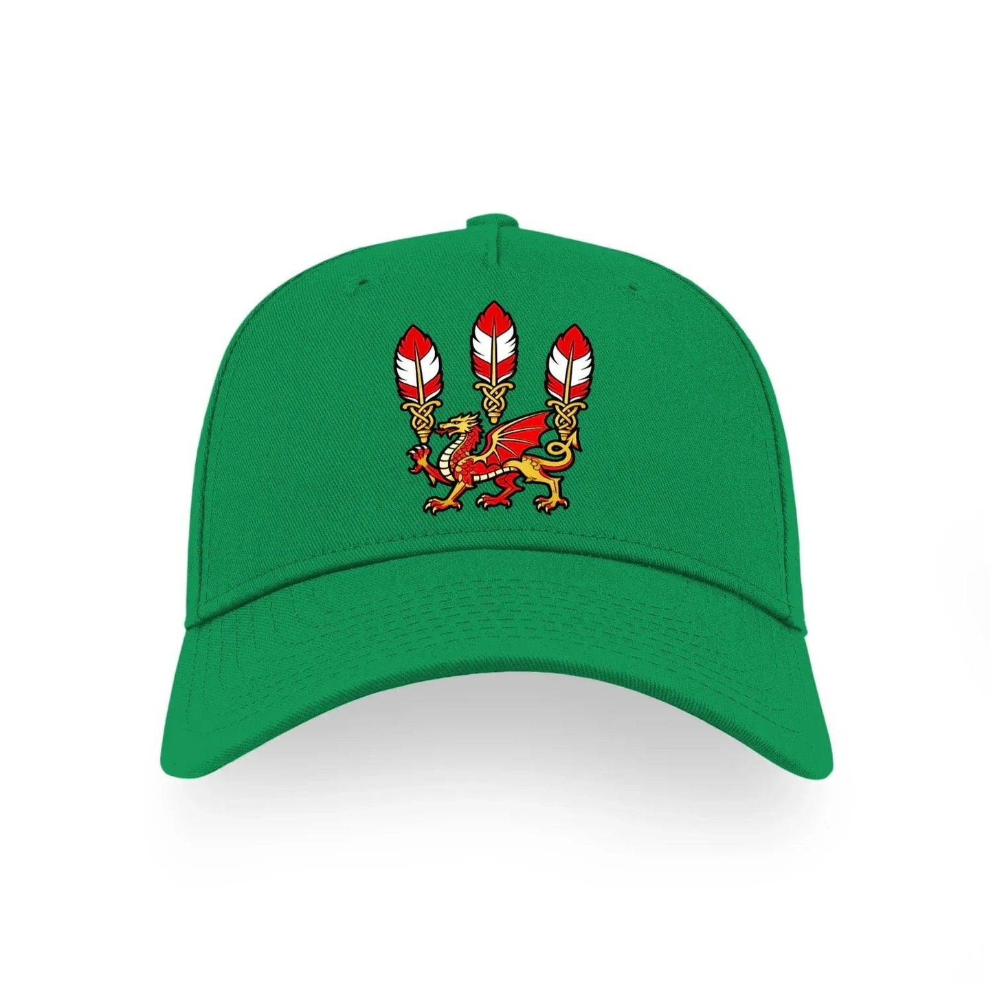 Green baseball cap with front dragon crest embroidery and three red-and-white feathers.
