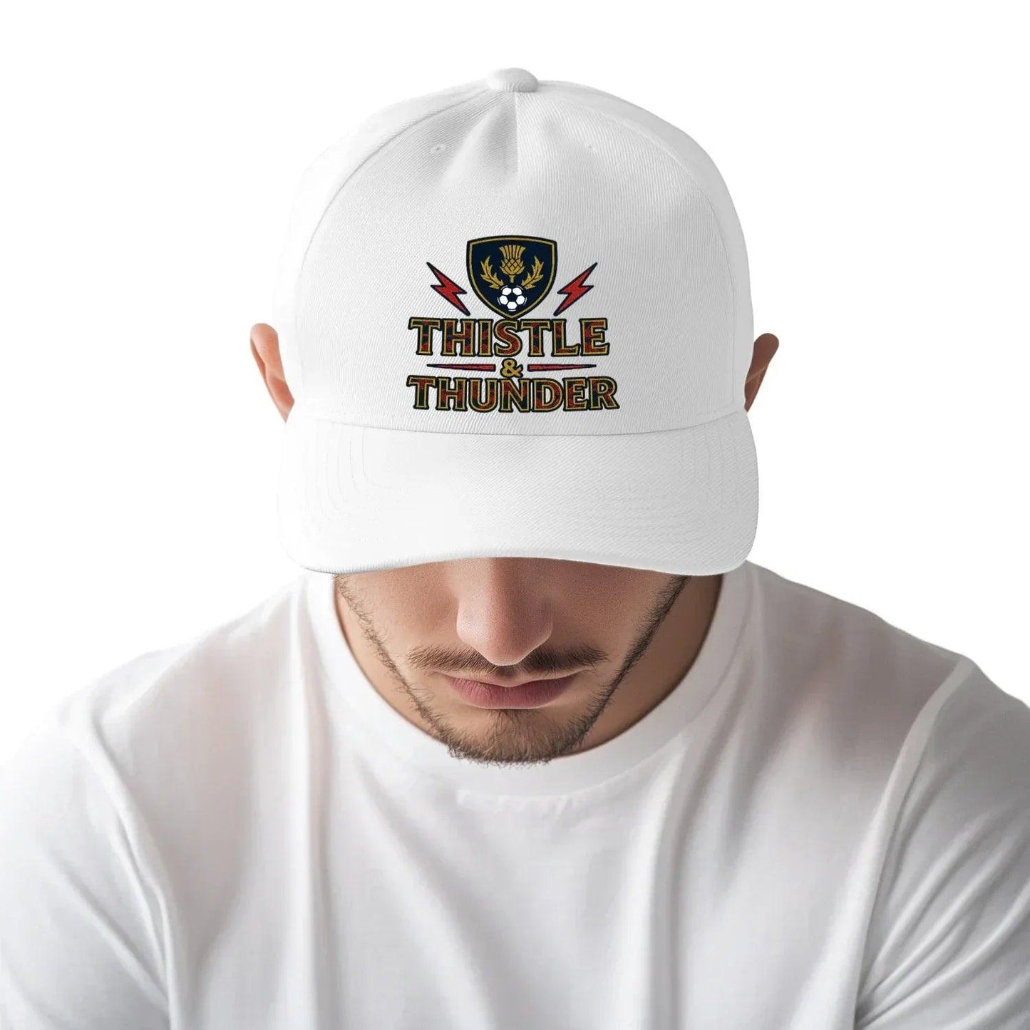 White baseball cap with Thistle & Thunder logo on front