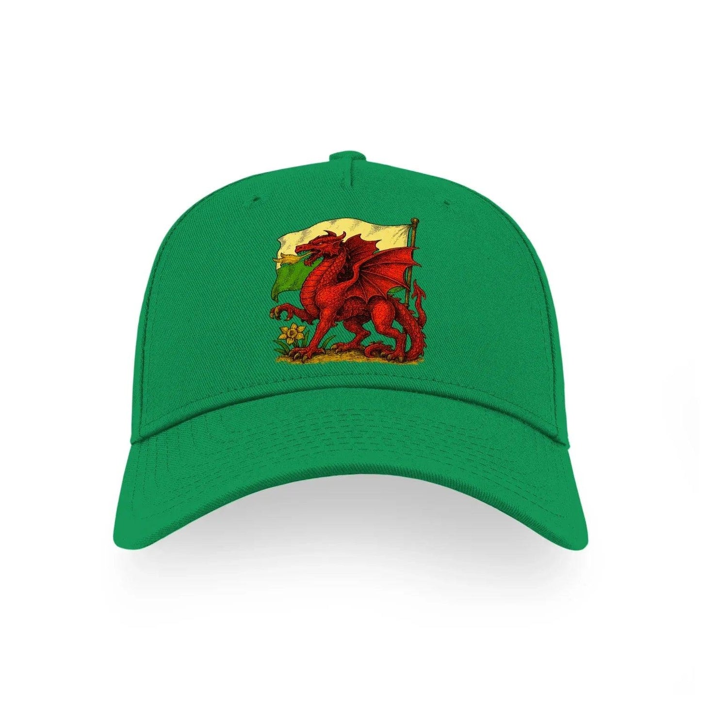 Green baseball cap with embroidered dragon flag patch on the front panel