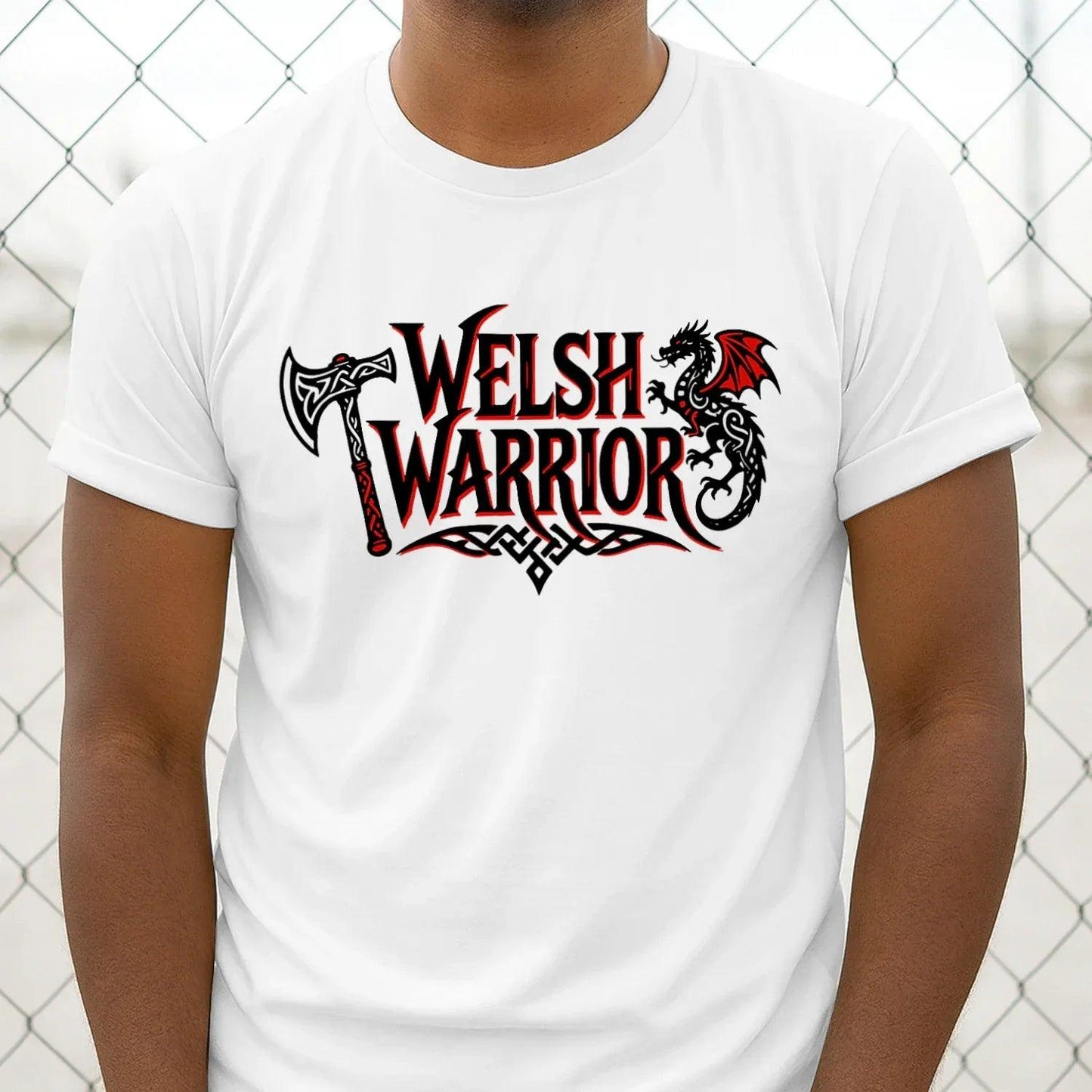 Unisex graphic t-shirt, white, short sleeves, Welsh Warrior logo on chest