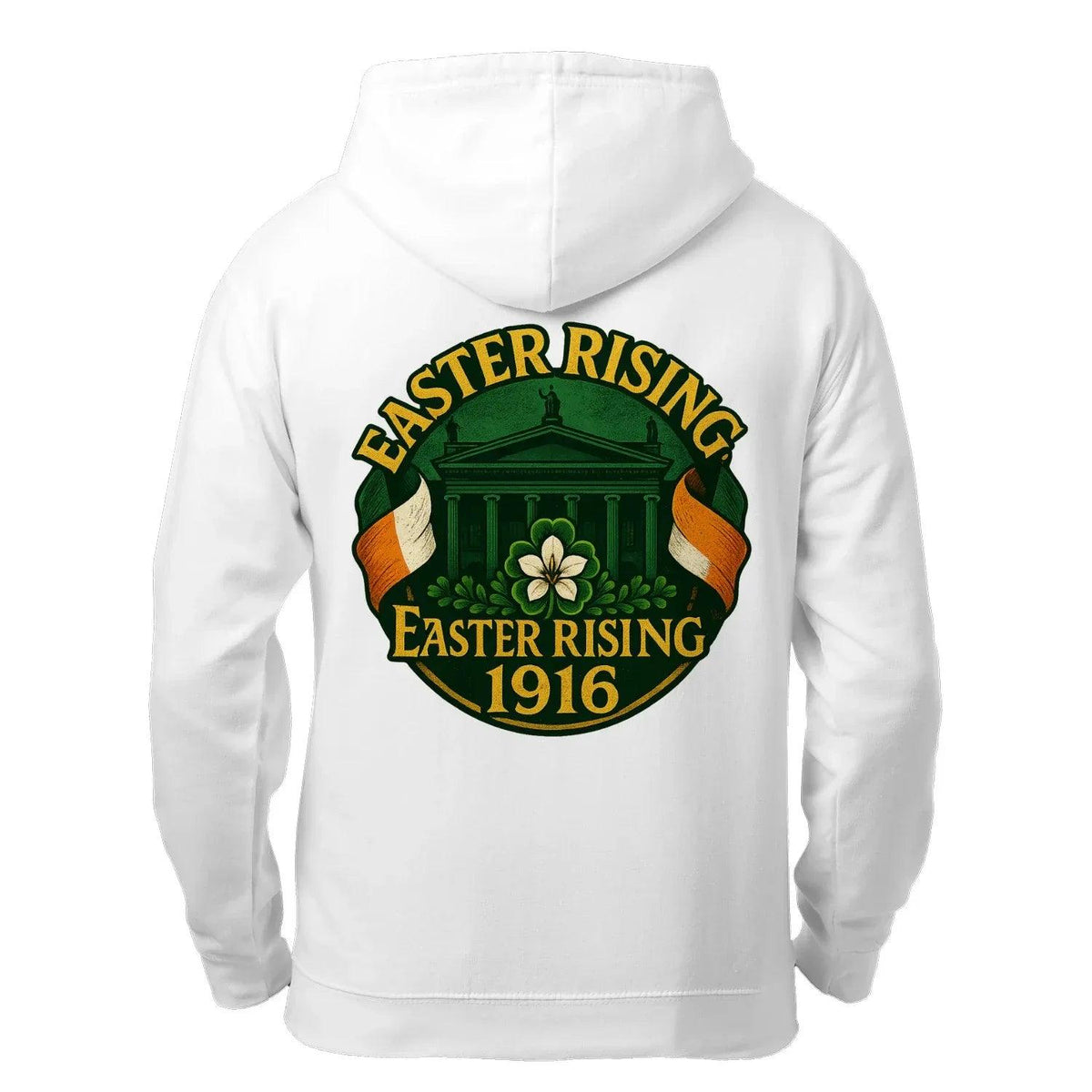 White zip-up hoodie with hood and back “Easter Rising 1916” crest print
