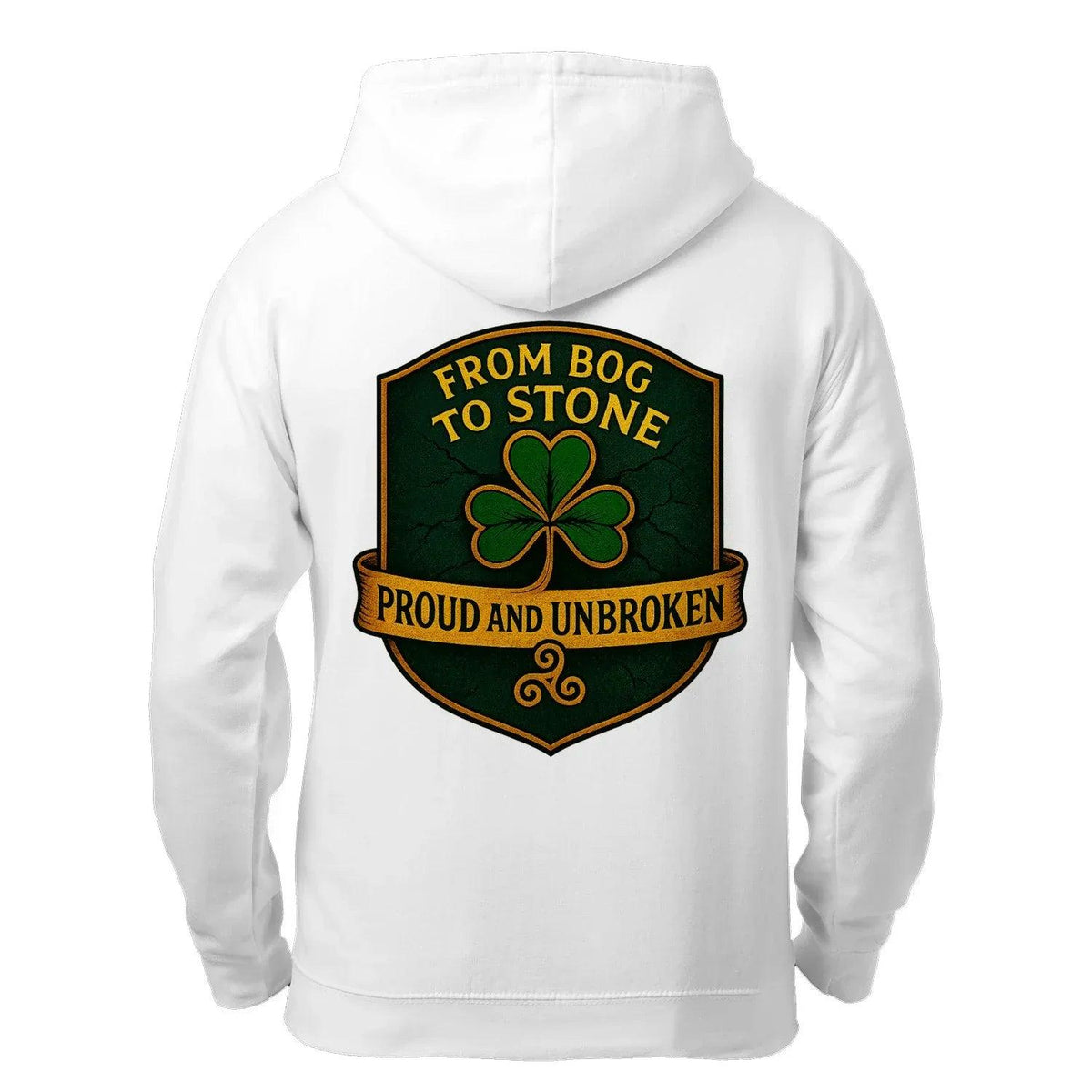White zip hoodie with large back clover badge graphic, hood and kangaroo pocket.