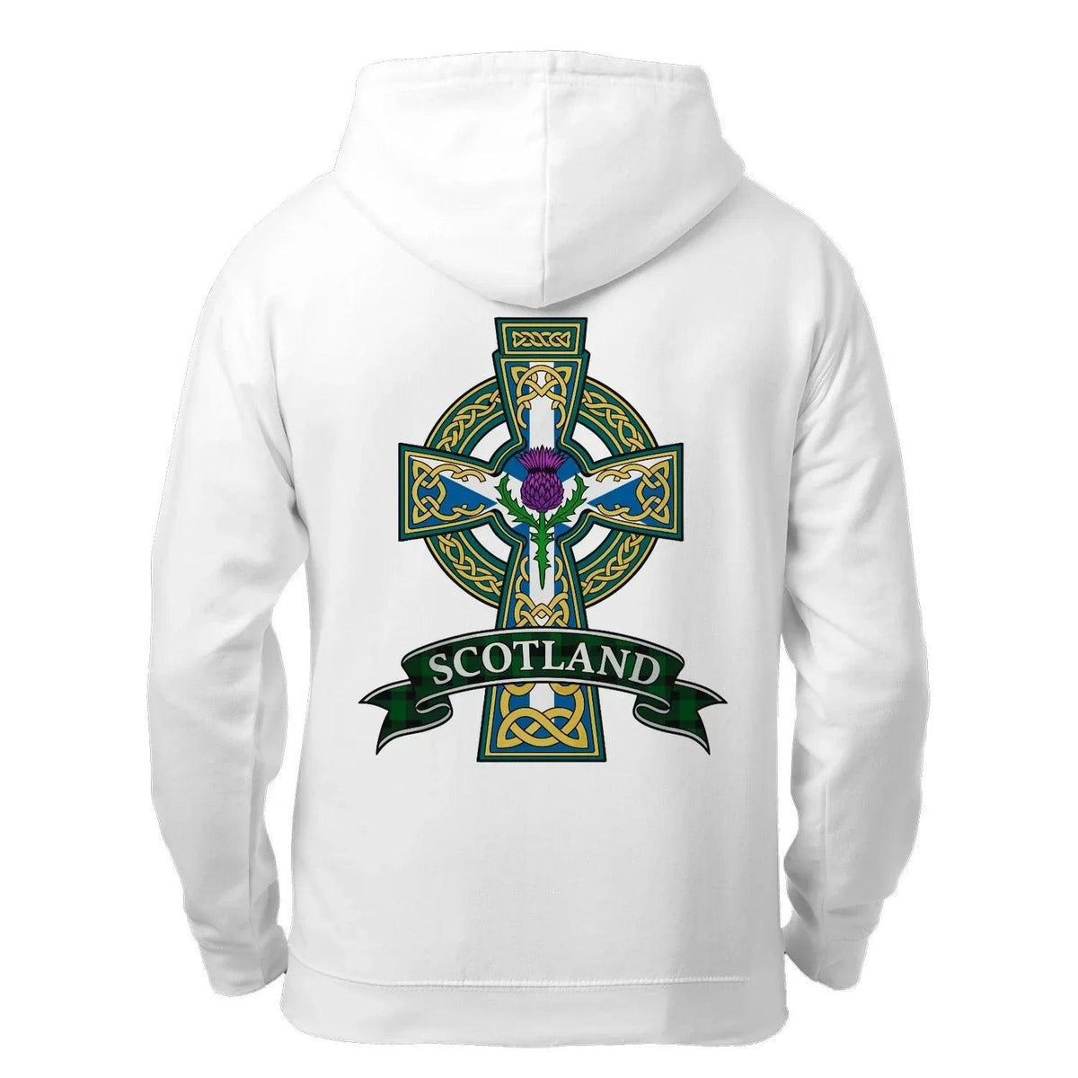 White back zip hoodie with large Celtic cross crest and “SCOTLAND” text