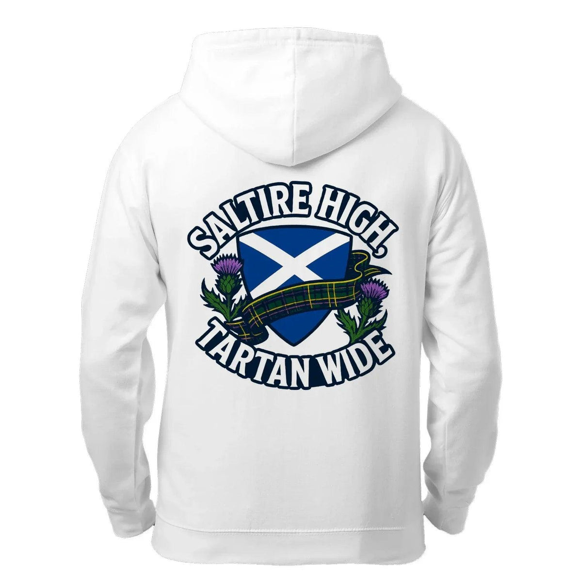 White zip hoodie with hood and large back crest graphic