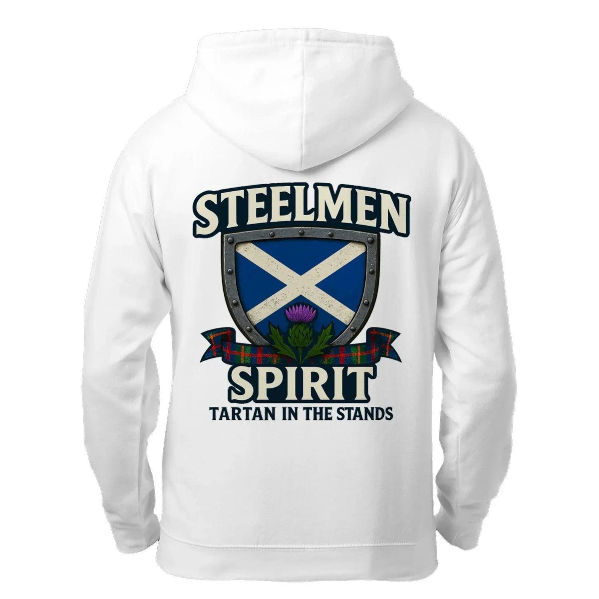 White zip hoodie with Steelmen Spirit shield graphic on back