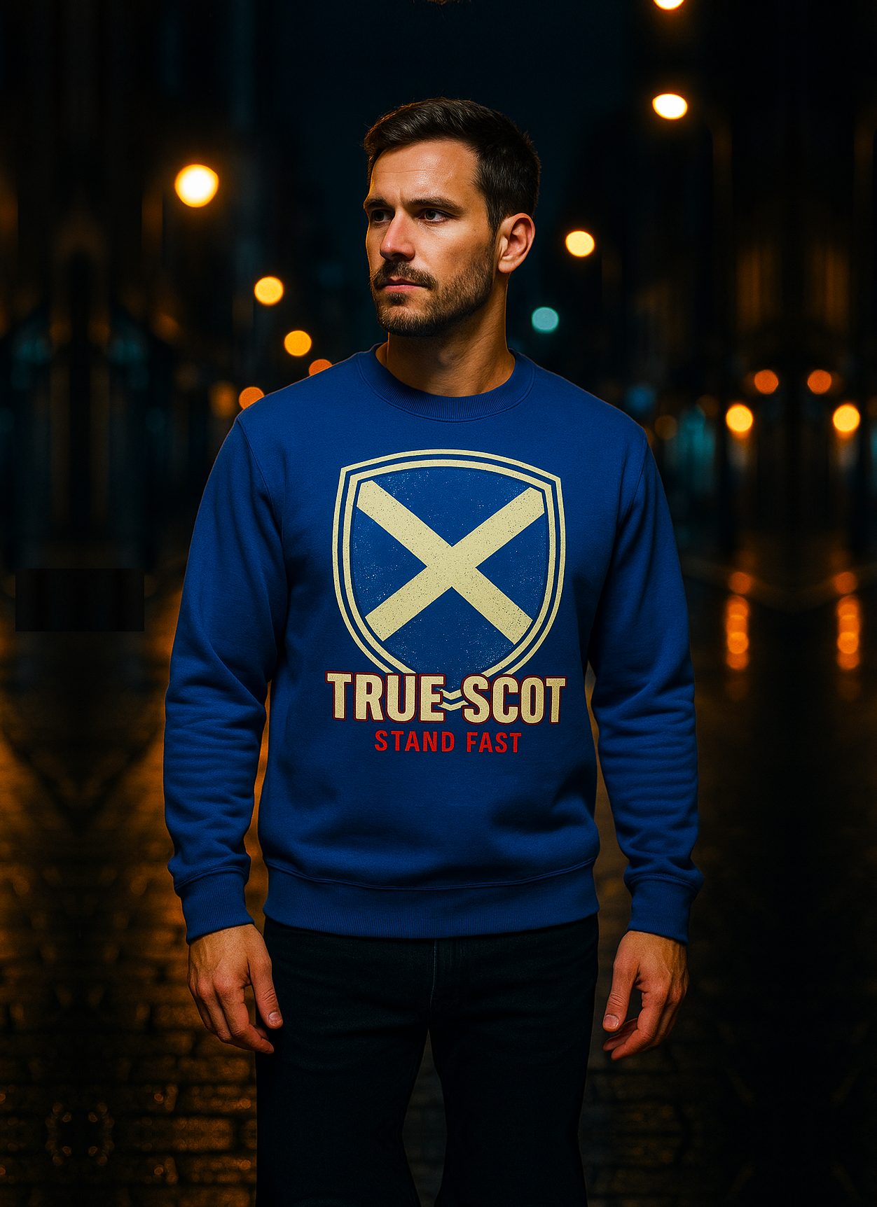 Man wearing True Scot Stand Fast blue sweatshirt with Scottish flag shield design - Scotland heritage apparel by Celtic Wolfwear