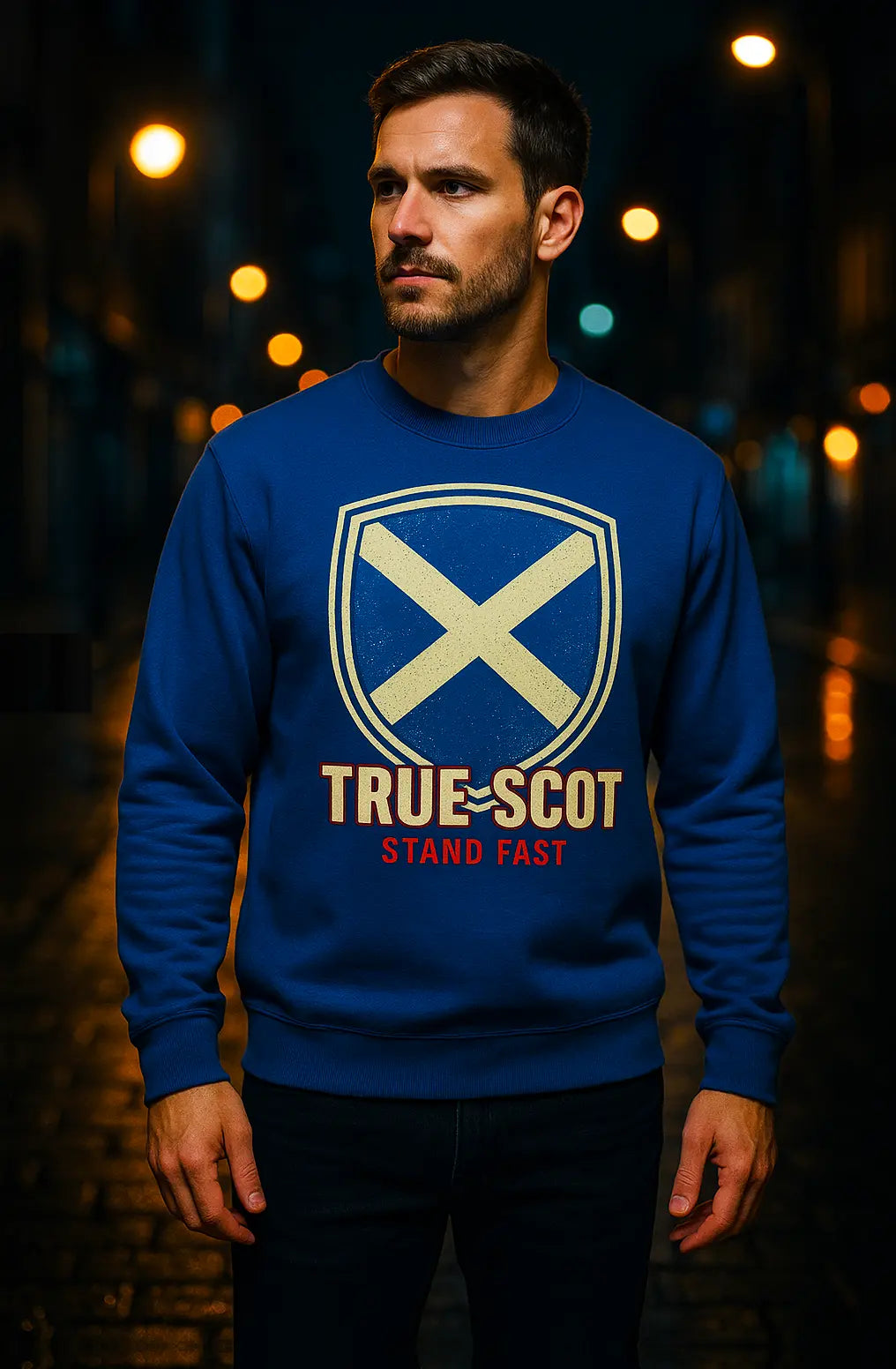 Man wearing True Scot Stand Fast blue sweatshirt with Scottish flag shield design - Scotland heritage apparel by Celtic Wolfwear