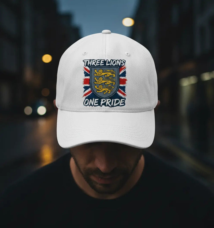 White England baseball cap with Three Lions embroidered crest and Union Jack flag design featuring 'Three Lions One Pride' slogan