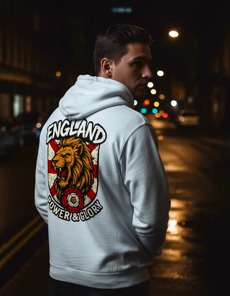 Man wearing white England hoodie with Power & Glory back print - premium English heritage apparel