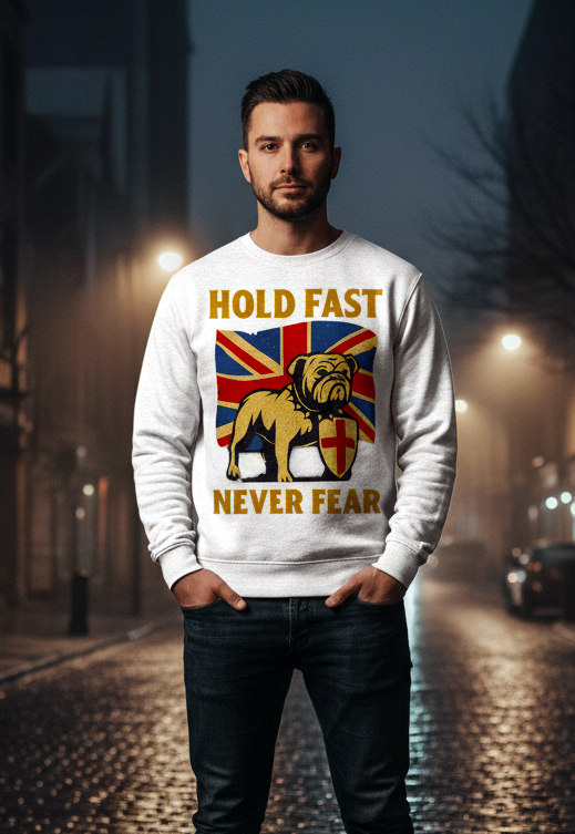 Hold Fast Never Fear bulldog with Union Jack flag design