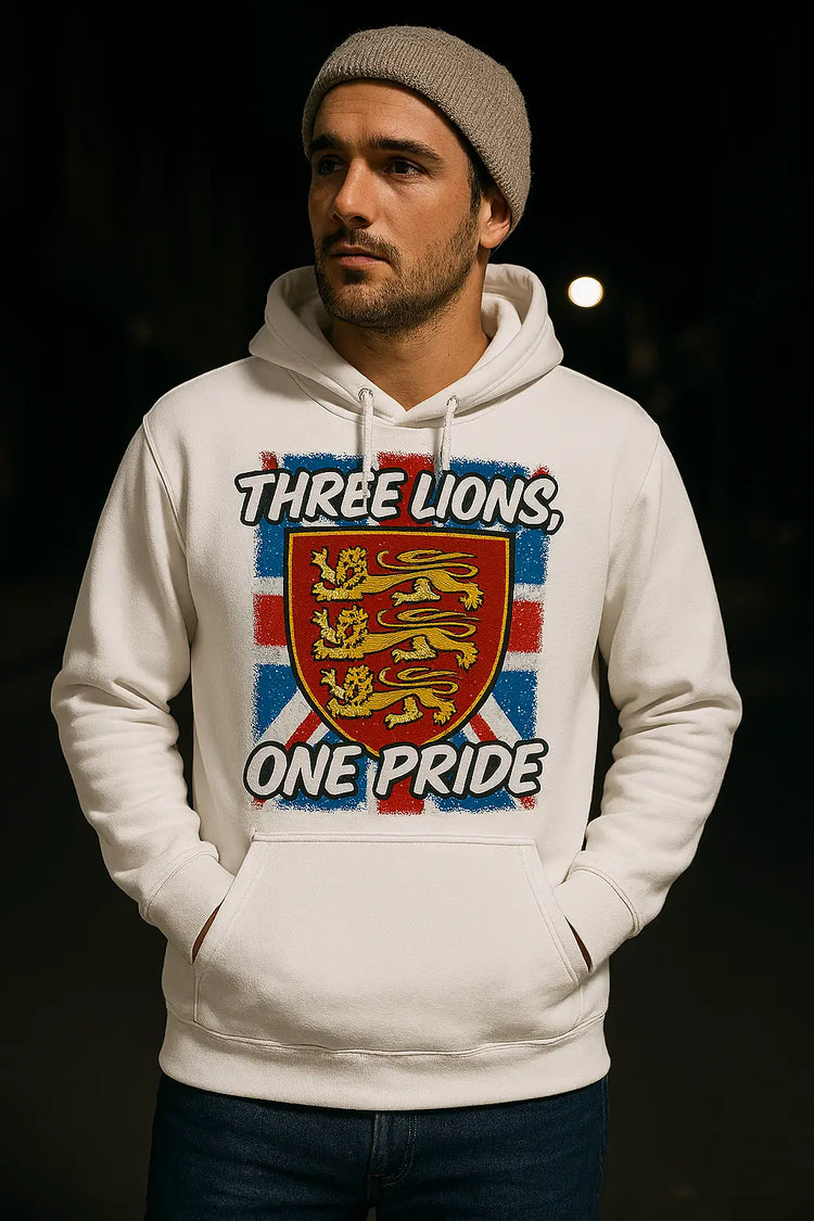 Man wearing white Three Lions One Pride hoodie with England royal coat of arms crest and beanie hat
