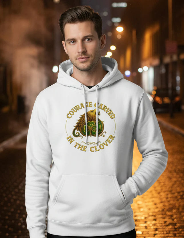 Man wearing white Ireland heritage pullover hoodie with 'Comhra Fe Mharfóid In The Clover' Celtic design on urban street at night