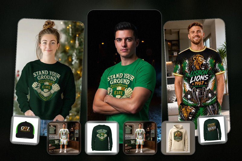 Celtic Wolfwear Ireland clothing collection featuring Irish-inspired green and cream hoodies, sweatshirts, T-shirts and caps in a professional model mockup.
