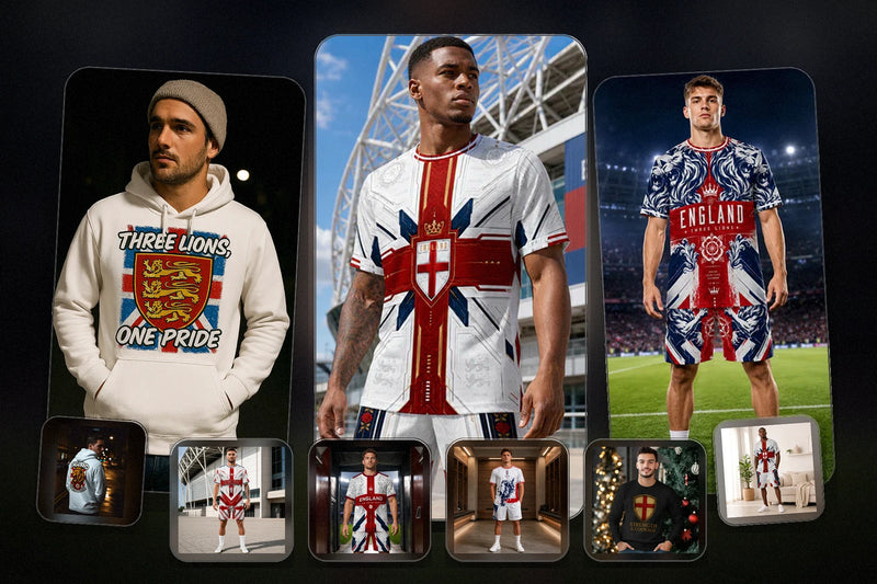 Celtic Wolfwear England fanwear collection featuring St George-inspired navy, white and red hoodies, T-shirts, jerseys and caps in a professional model mockup.
