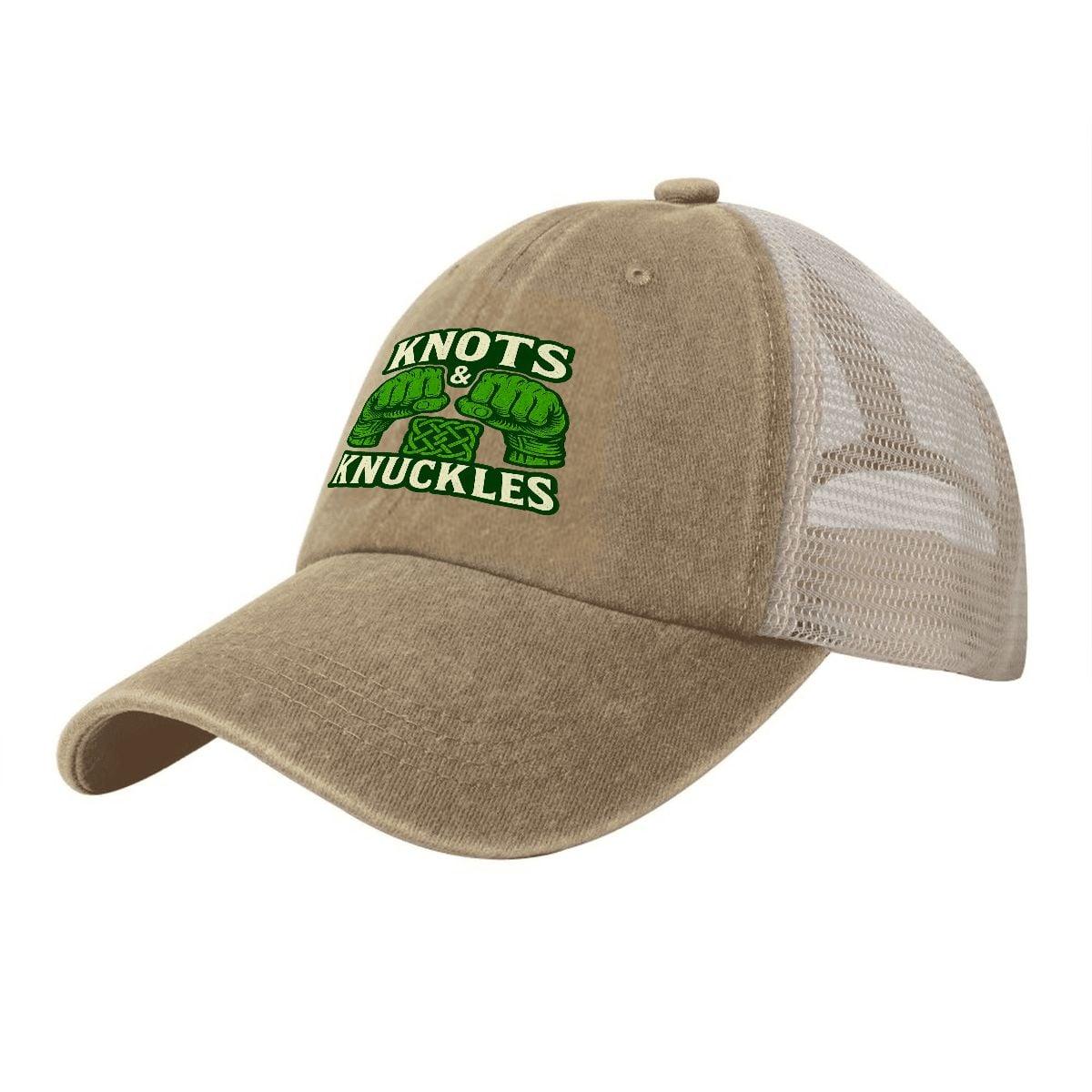 Washed denim baseball cap with tan front, beige mesh back, and green 'Knuts & Knuckles' logo