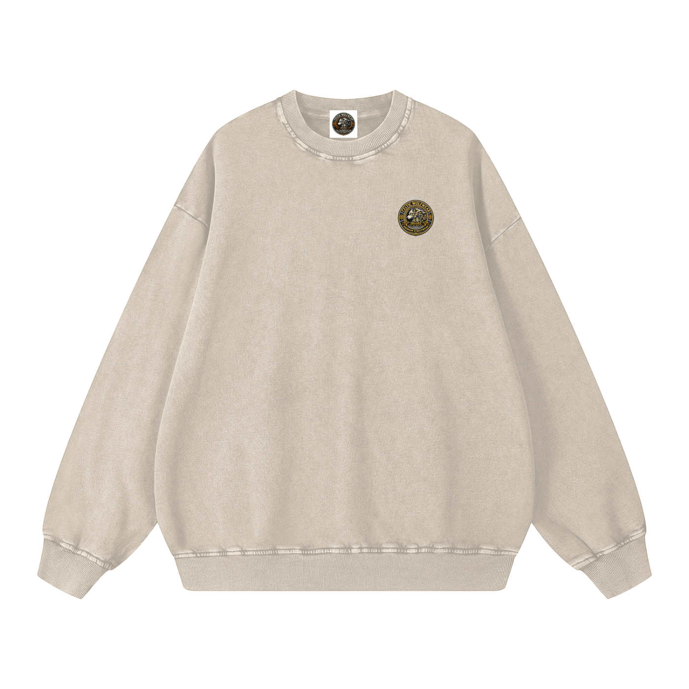 Oversized snow-washed sweatshirt, light apricot, small chest patch detail