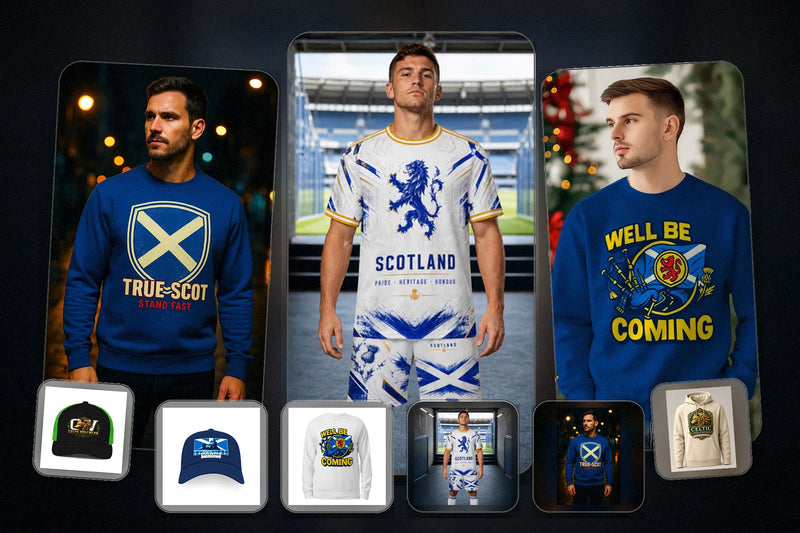 A promotional collage for Scotland football merchandise, showing three male models wearing blue and white Scotland-themed apparel: a blue long-sleeve shirt with a shield crest on the left, a white Scotland jersey with blue graphics in the center, and a blue long-sleeve shirt with yellow text on the right. Smaller thumbnails below show additional products including caps, a hat, a shirt, and another apparel item.