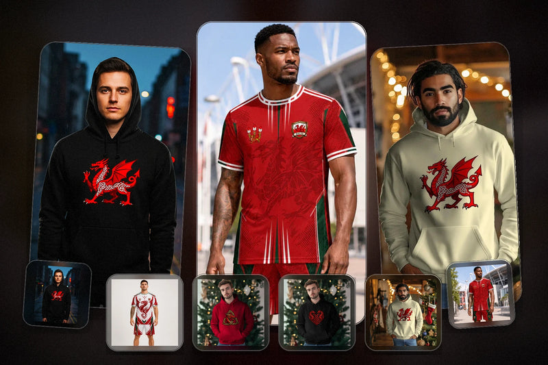 A promotional collage showing three men modeling Wales football-themed apparel: a black hoodie with a red dragon graphic, a red soccer jersey with Welsh crest, and a cream hoodie with a large red dragon graphic. Smaller thumbnails along the bottom show additional apparel views.