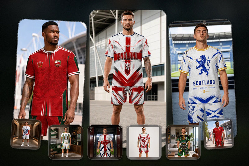 Celtic Wolfwear Matchday Ready collection featuring football jerseys, hoodies, scarves, caps and fanwear accessories in a professional stadium-style mockup.