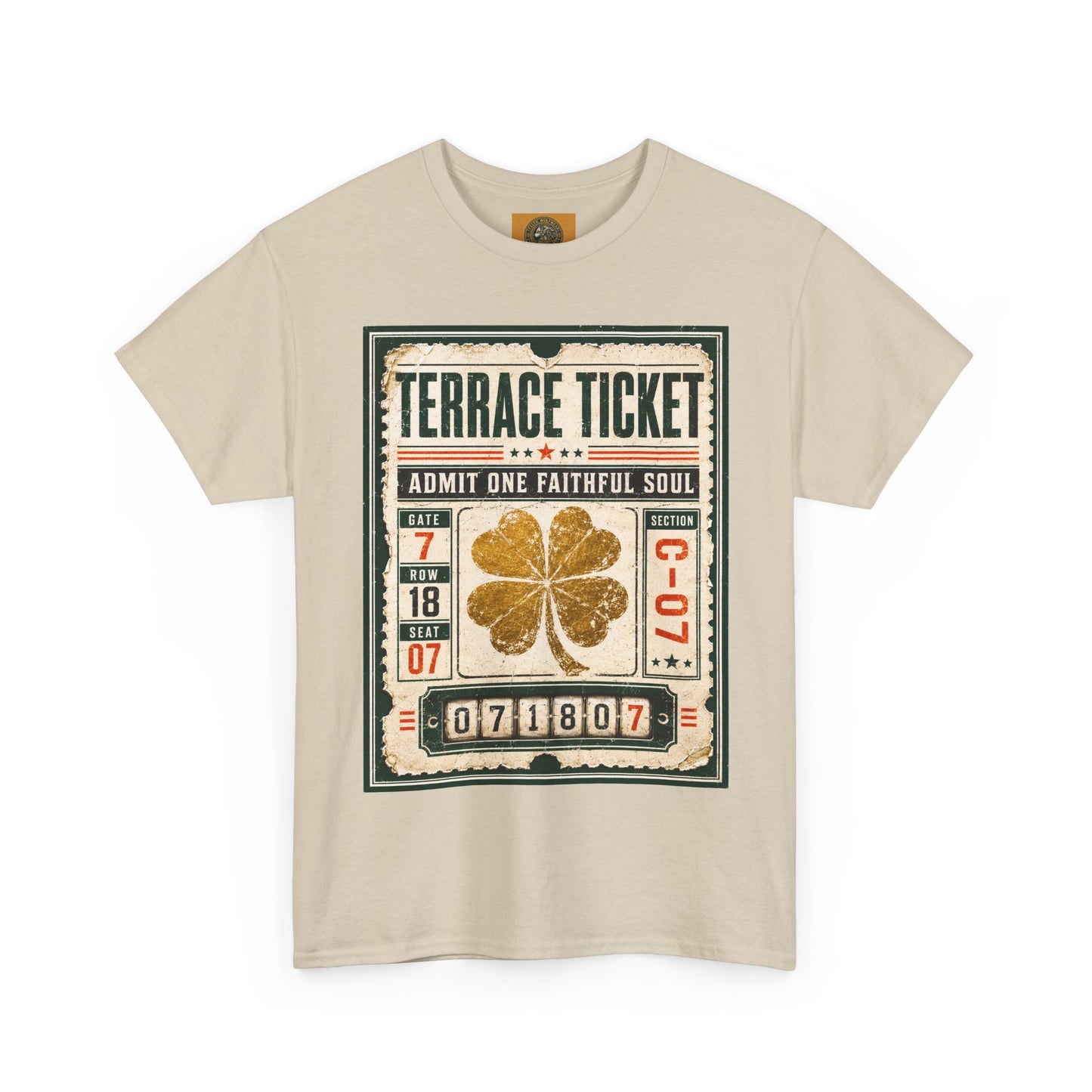 Sand graphic T-shirt featuring a vintage ticket design with gold four-leaf clover front print.