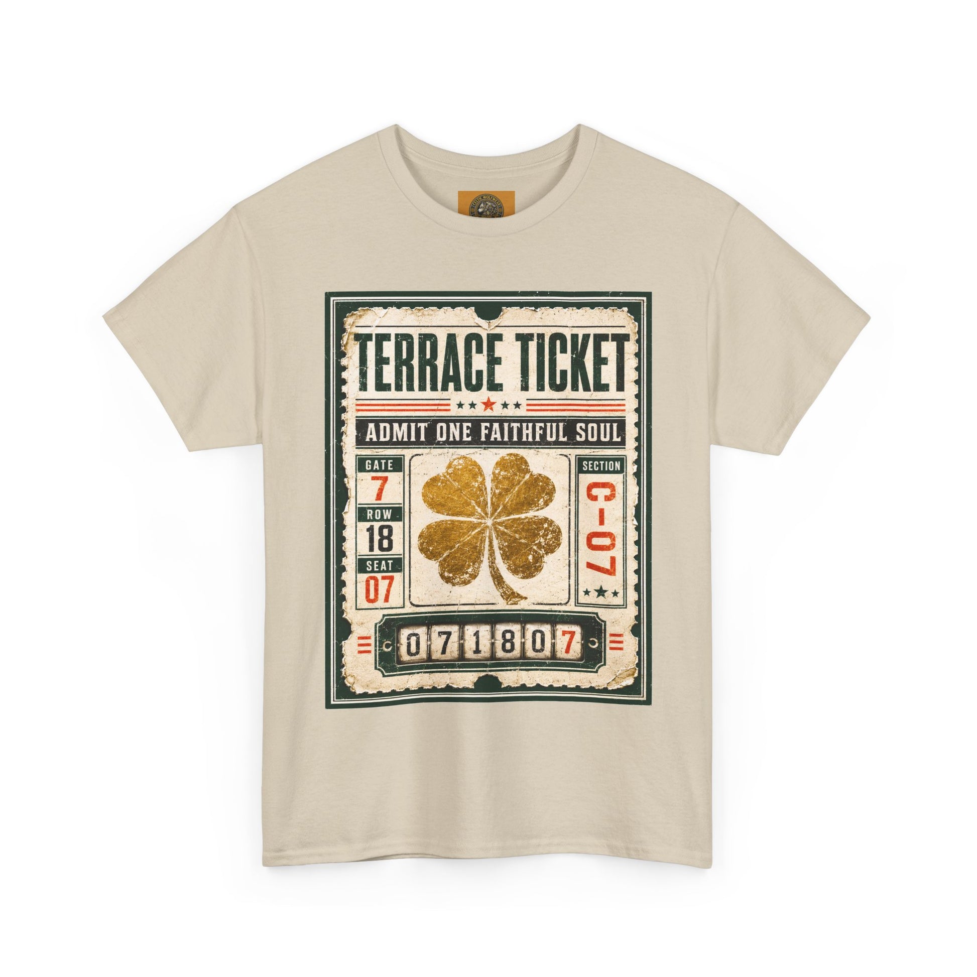 Sand graphic T-shirt featuring a vintage ticket design with gold four-leaf clover front print.