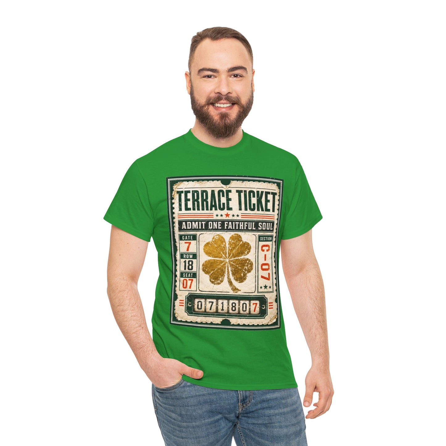Green T-shirt with vintage concert ticket graphic and golden clover on front
