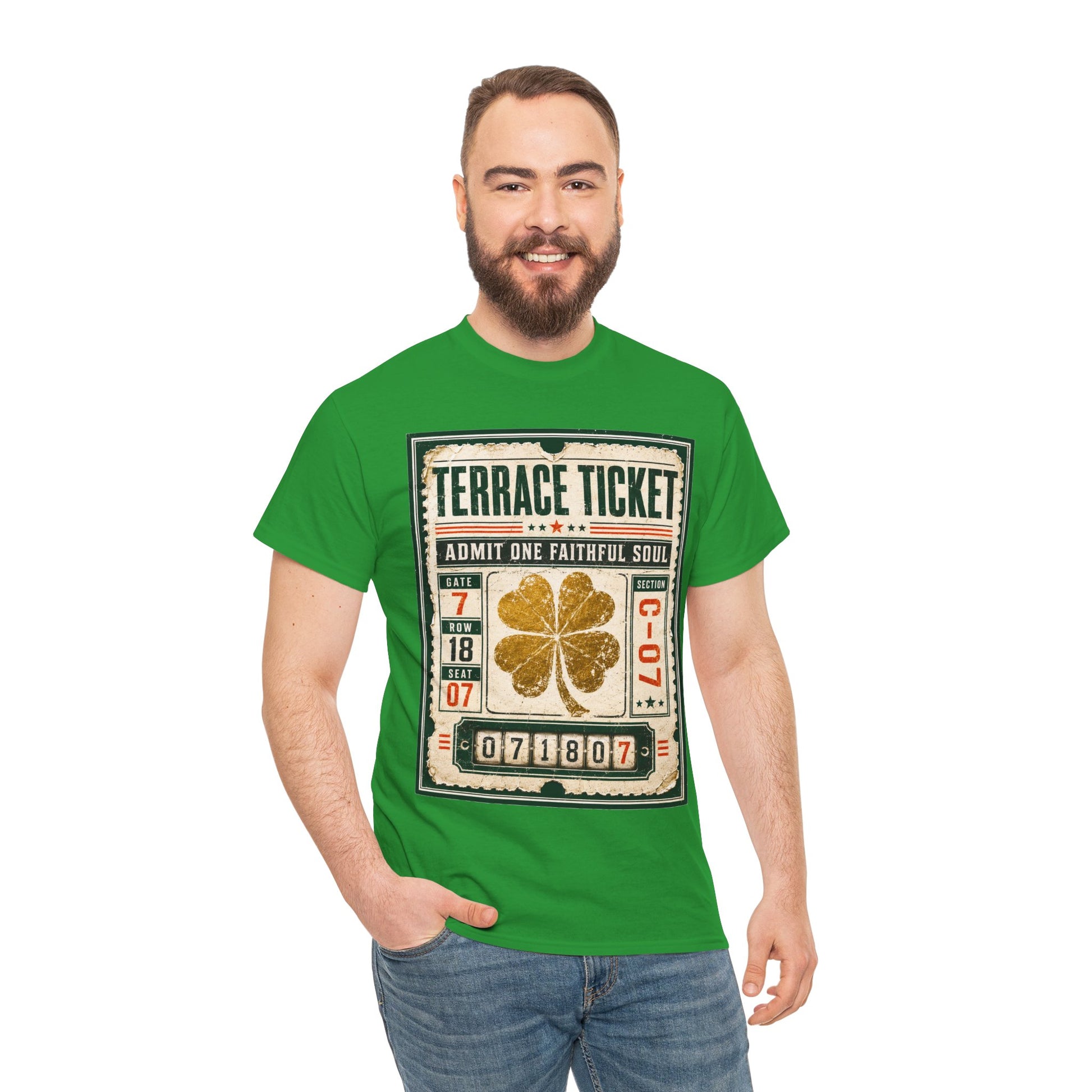 Green T-shirt with vintage concert ticket graphic and golden clover on front