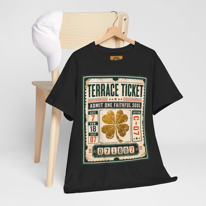 Black T-shirt on hanger with large ticket graphic and gold four-leaf clover