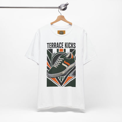 White graphic sneaker tee with “Terrace Kicks” shoe print, hanging on a wooden hanger
