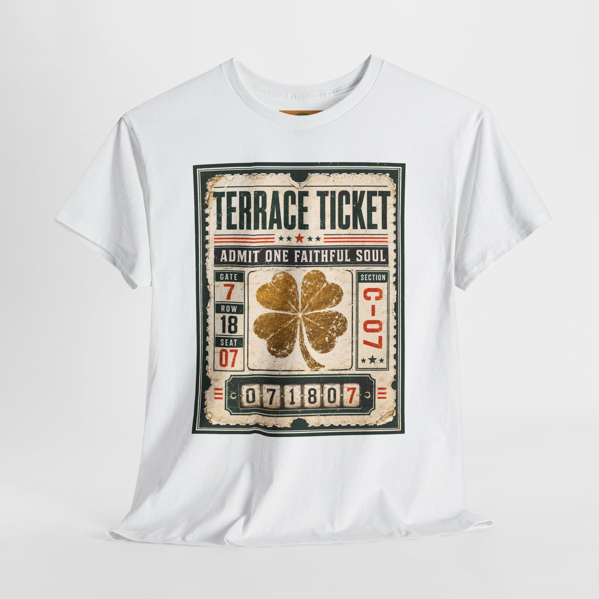 White graphic T-shirt with centered vintage ticket artwork and gold four-leaf clover print.