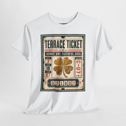 White graphic T-shirt with centered vintage ticket artwork and gold four-leaf clover print.