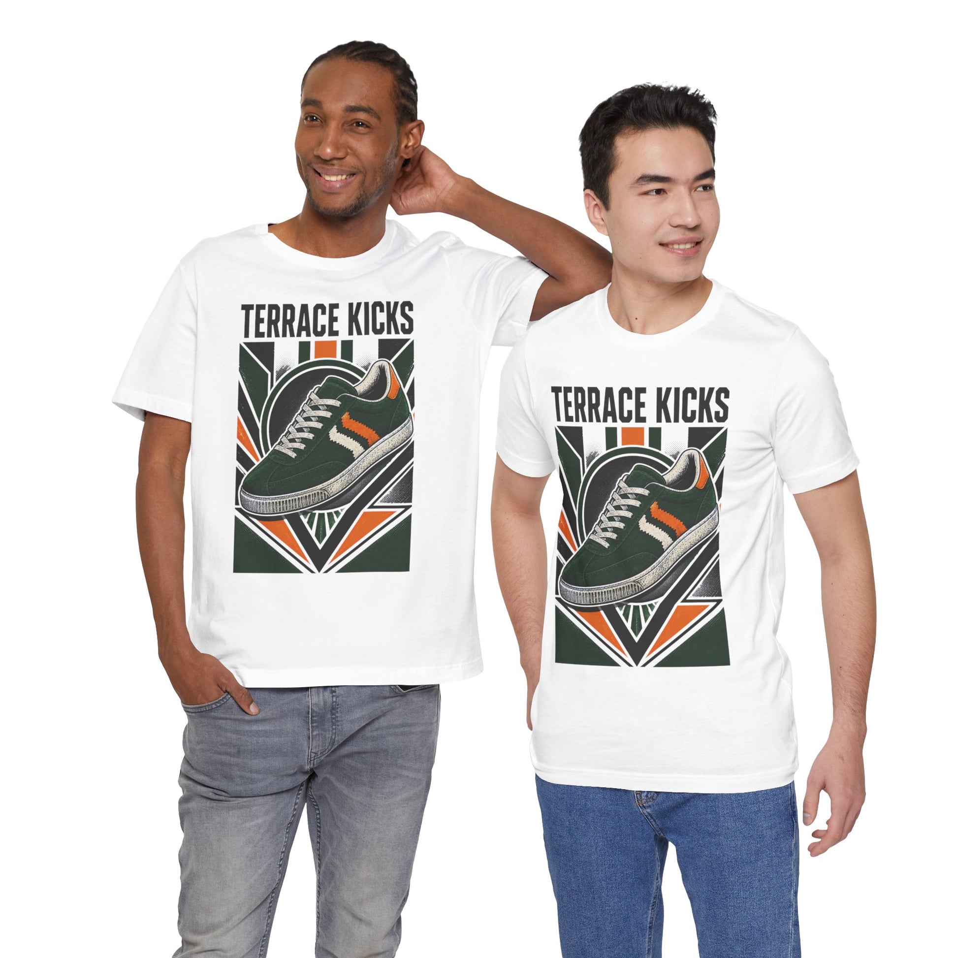 White graphic sneaker tee with “Terrace Kicks” and shoe artwork on the front