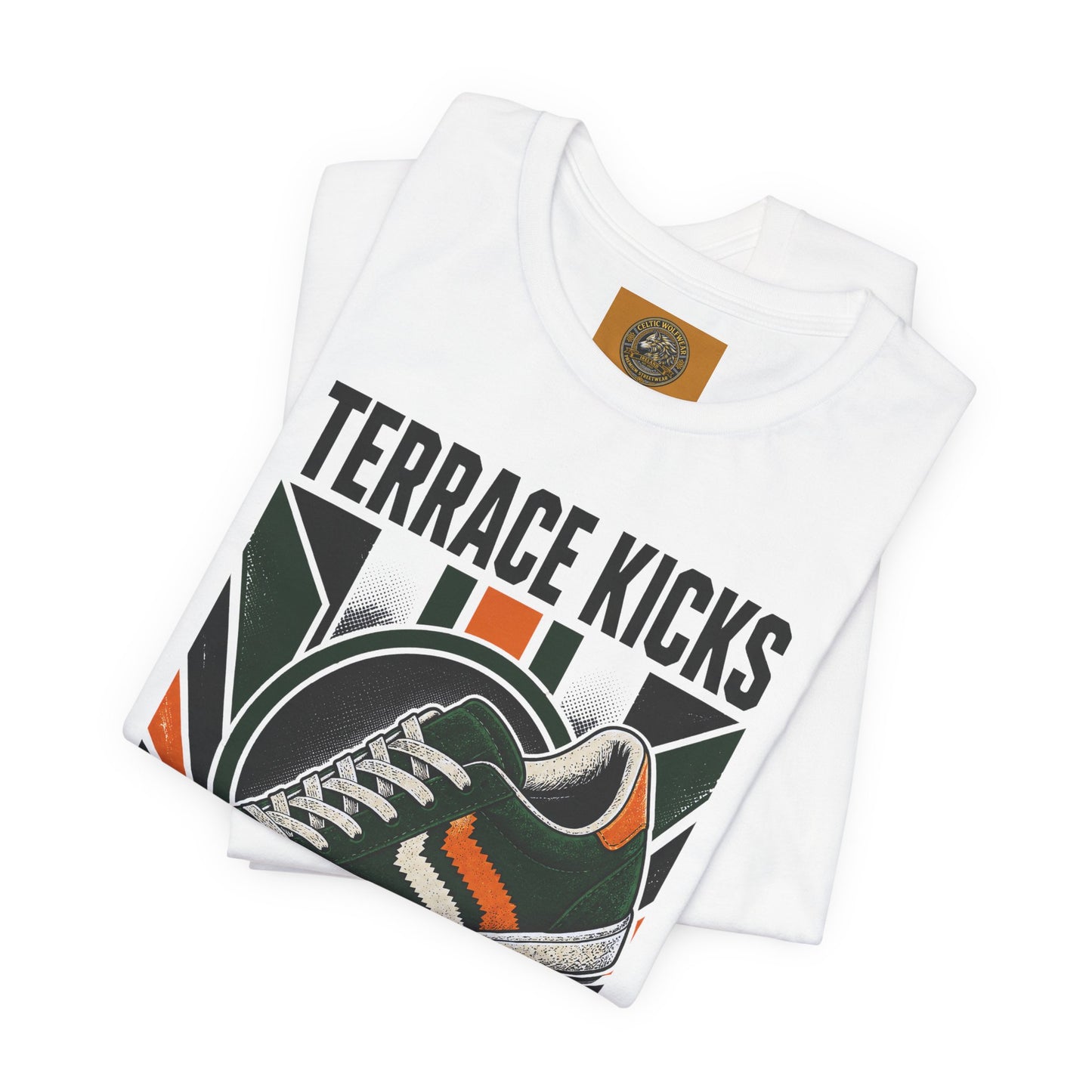 White graphic sneaker tee with large “Terrace Kicks” and front shoe graphic