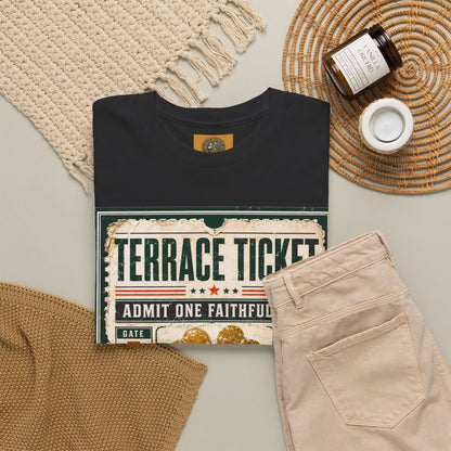 Black T-shirt with centered ticket graphic and gold four-leaf clover design