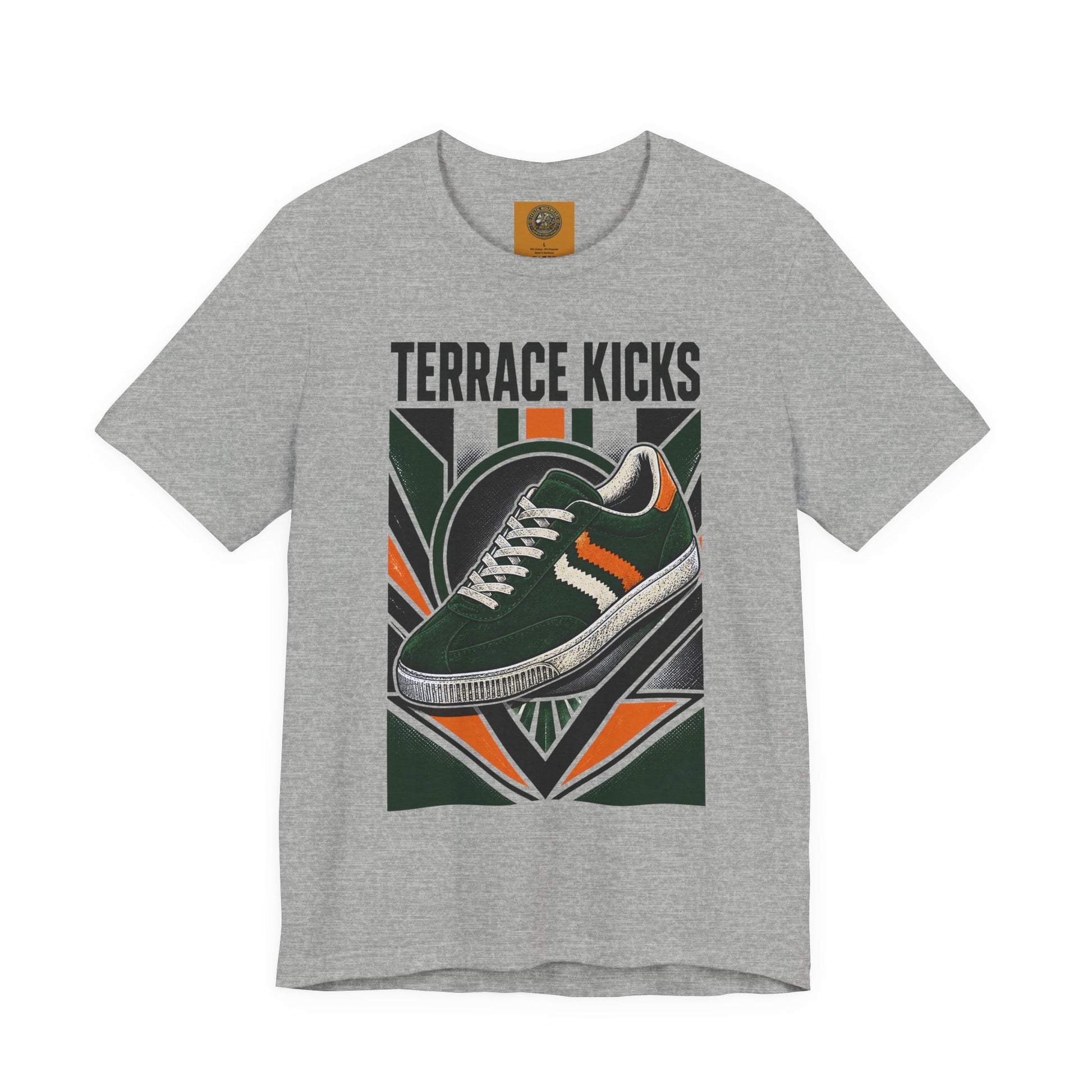 Ash gray graphic sneaker tee with “Terrace Kicks” and front shoe artwork