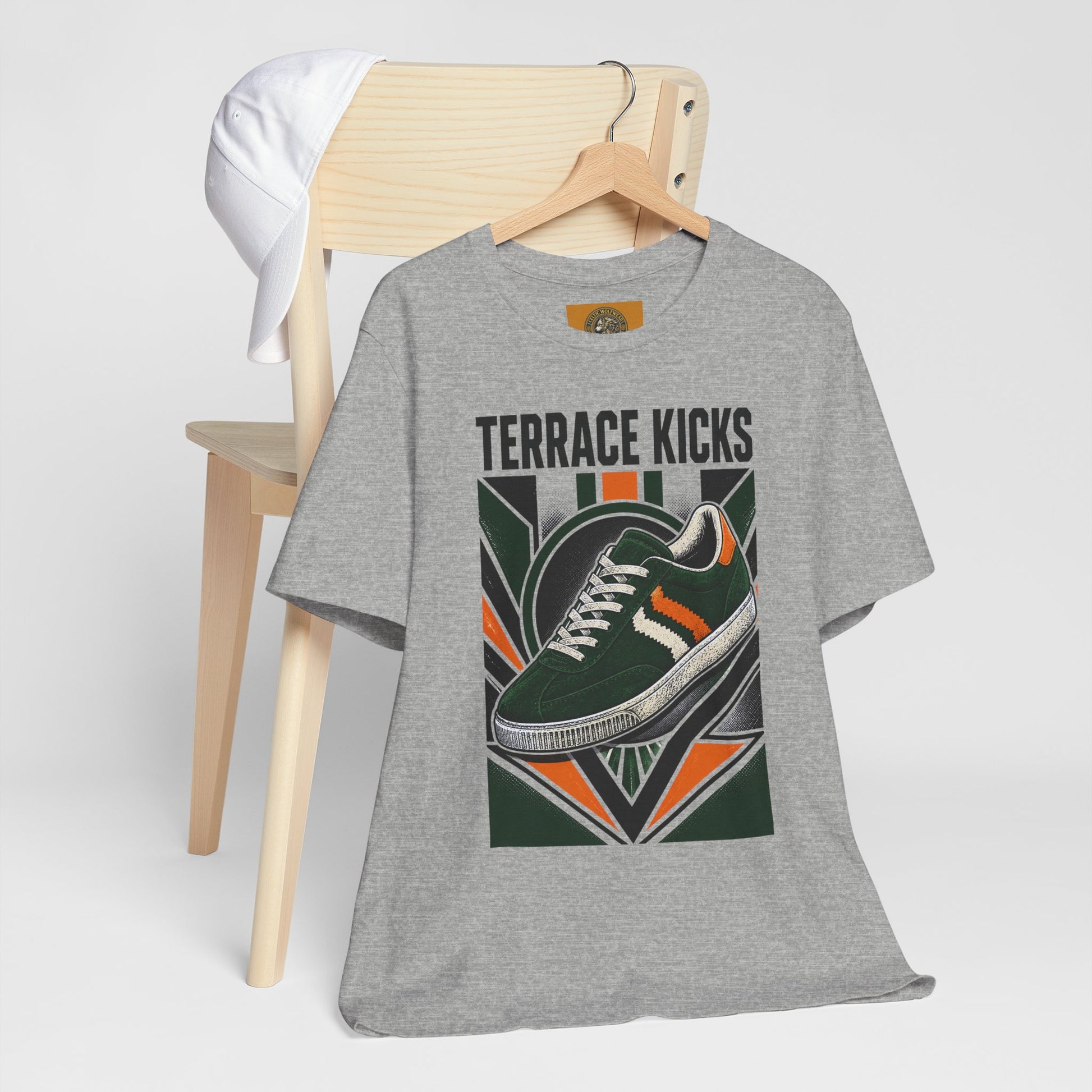 Heather gray graphic tee with vintage sneaker print, crew neck