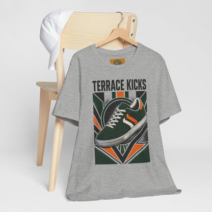 Heather gray graphic tee with vintage sneaker print, crew neck