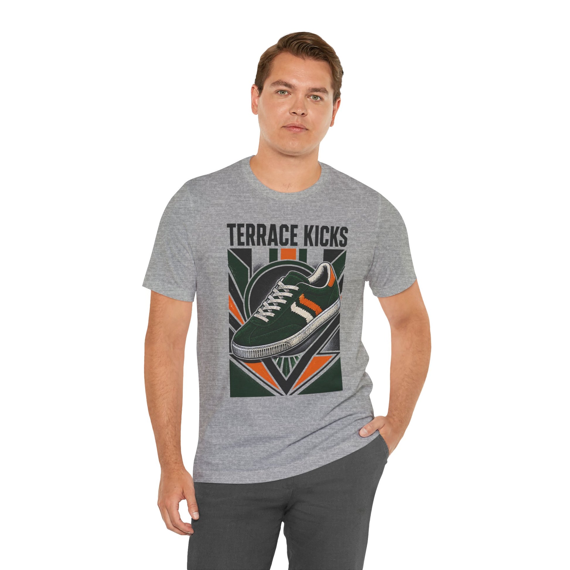 Heather gray graphic tee worn by model, crew neck and vintage sneaker print