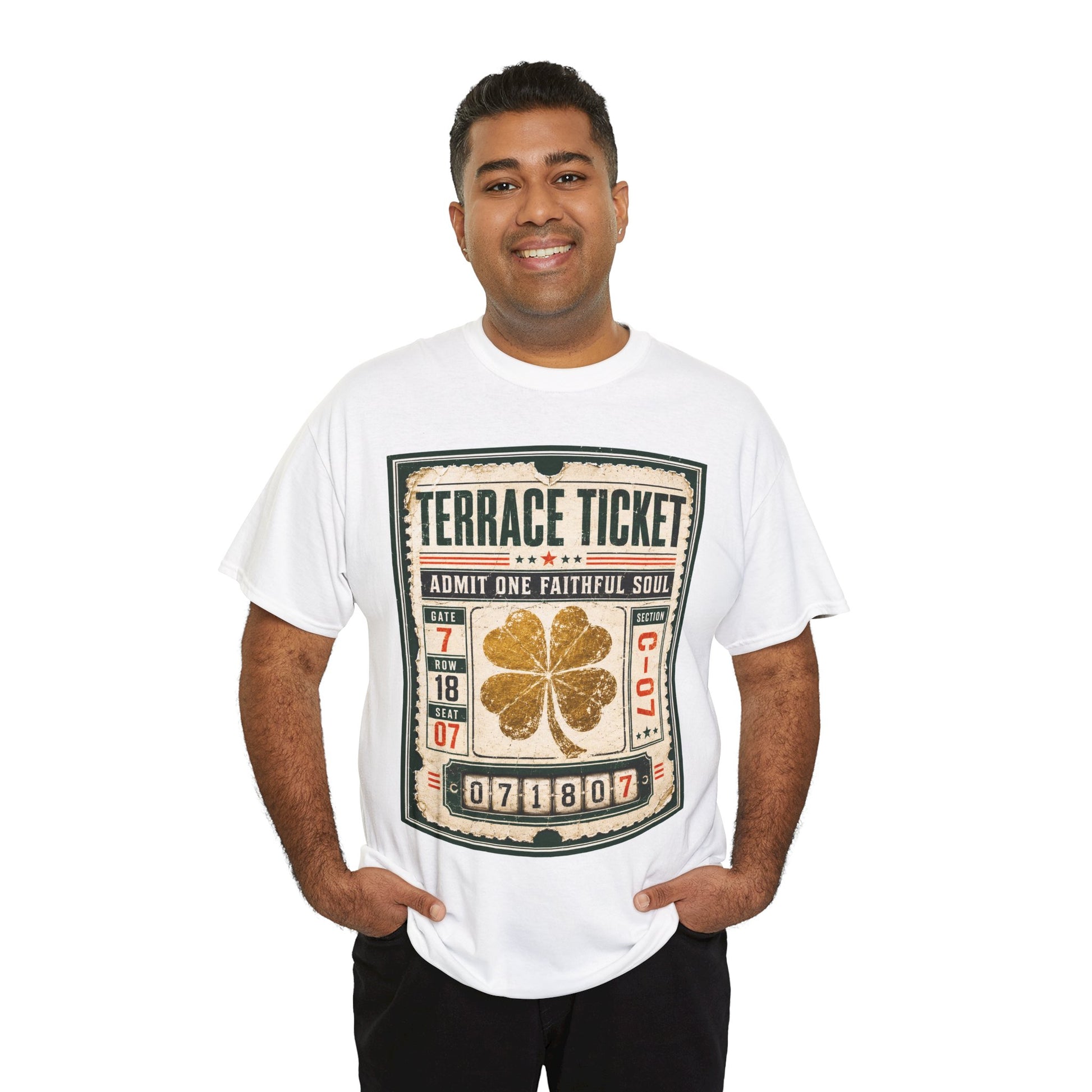 White T-shirt with front ticket graphic featuring gold clover and event text