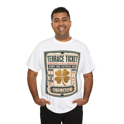 White T-shirt with front ticket graphic featuring gold clover and event text