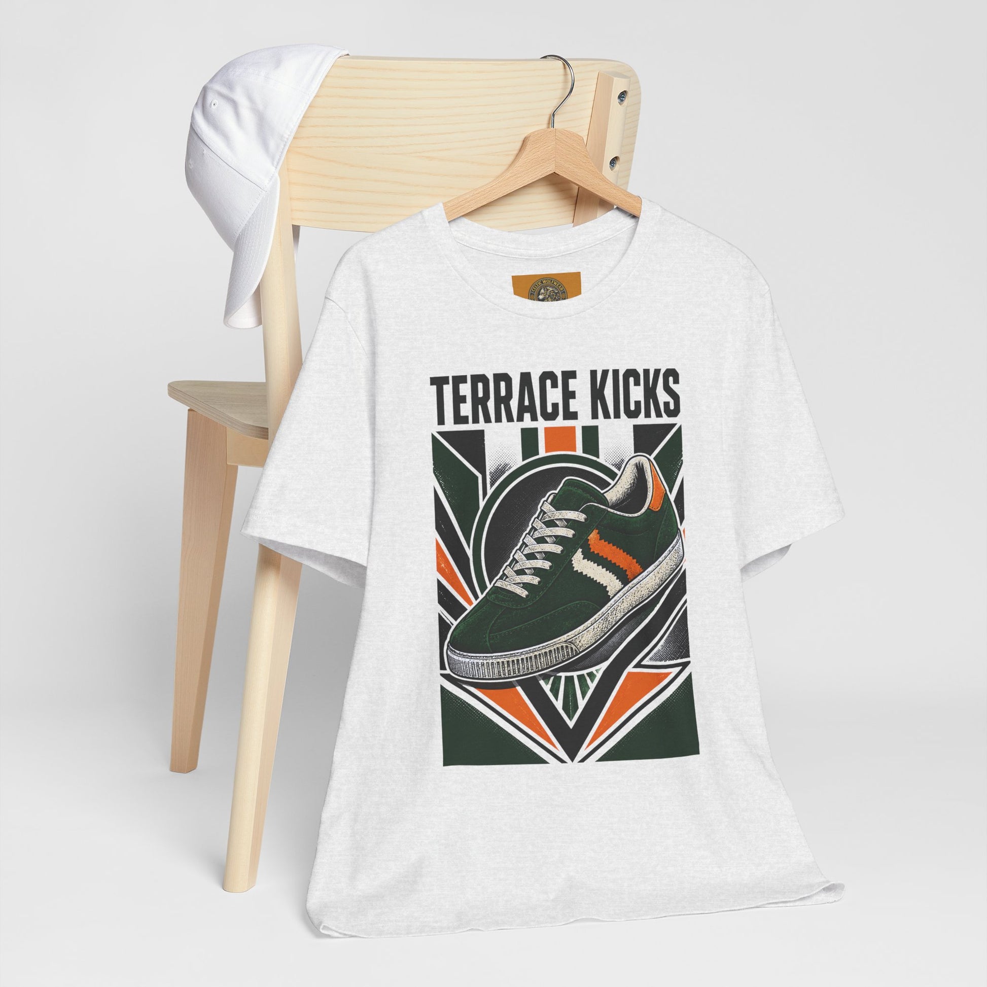 Light gray graphic sneaker tee with “Terrace Kicks” and shoe artwork on the front