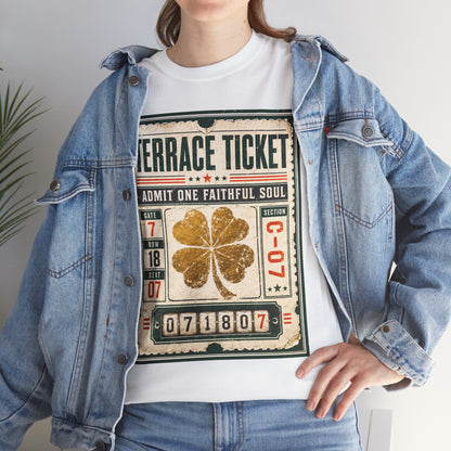 White graphic T-shirt with a vintage ticket design and gold four-leaf clover on front.