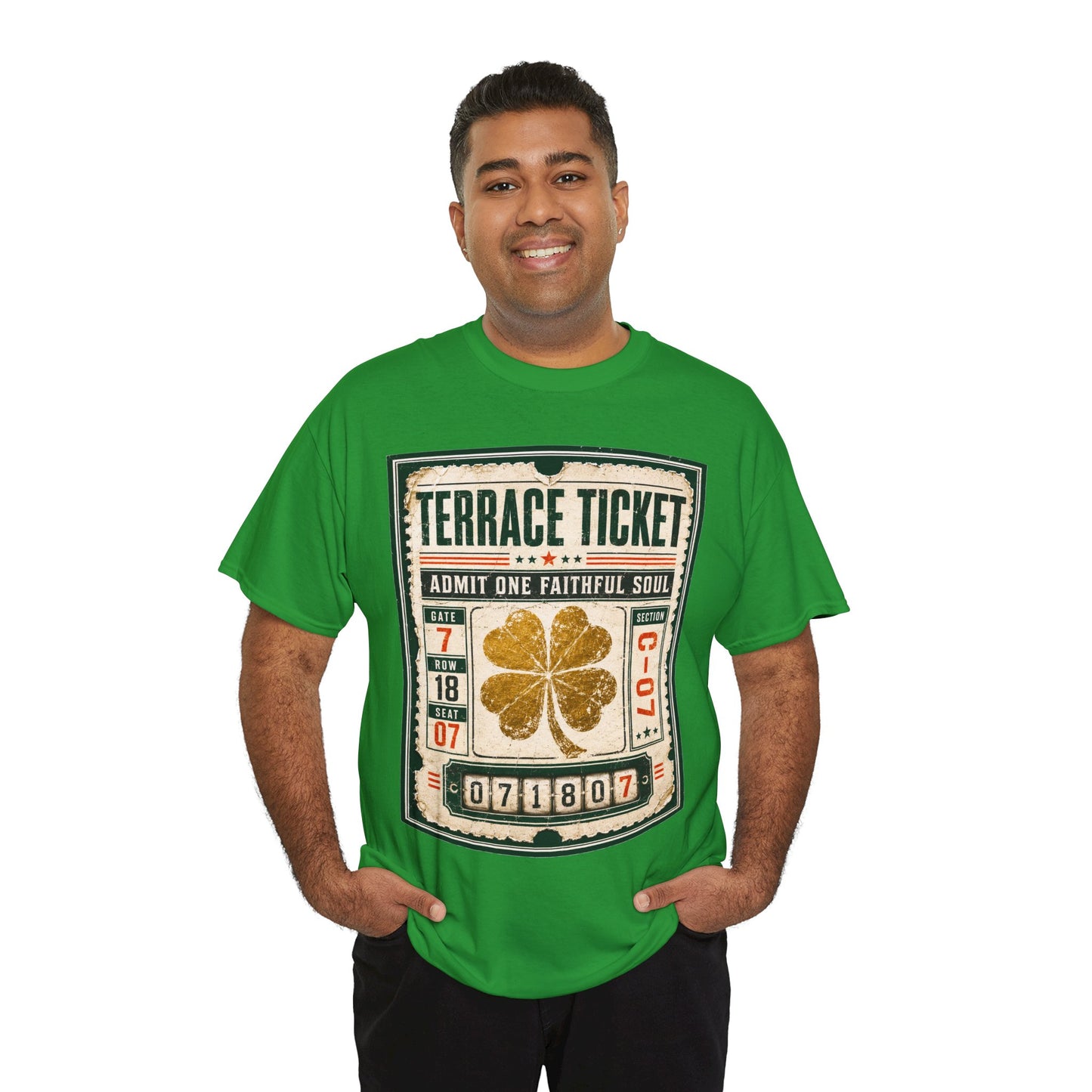 Green T-shirt with framed 'Terrace Ticket' graphic and golden clover front